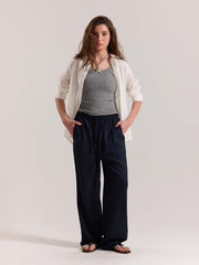 Navy Blue Linen Pull-on Pants